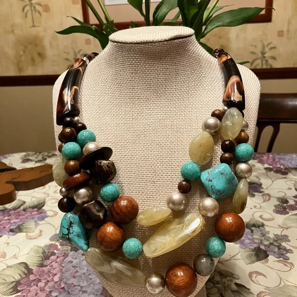 CHICOS ONE OF A KIND NECKLACE WITH AUTHENTIC TURQUOISE, ACRYLIC, WOOD and STONE - Picture 12 of 16